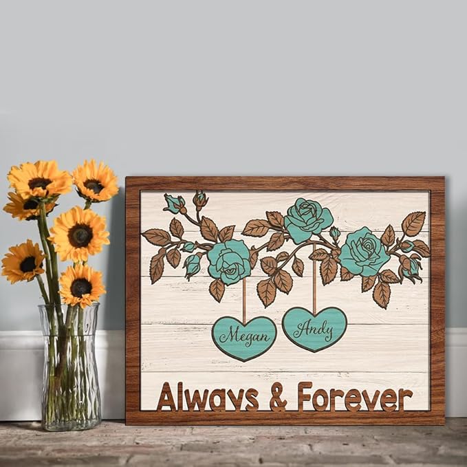 Always & Forever Wooden Sign, Custom Couple Sign, Anniversary Couple Gift, Wedding Gift Frame Sign, Rose Decor Wood Sign Birthday Christmas Valentine Gifts for Him Her Boyfriend Girlfriend a16