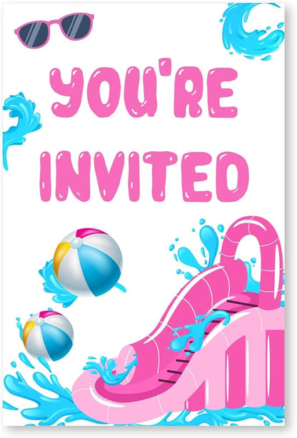 Splish Splash Water Slide Bash Party Invitations with Envelopes Set of 20 Summer Pink Waterslide Theme Birthday Party Invites Fill in Blank
