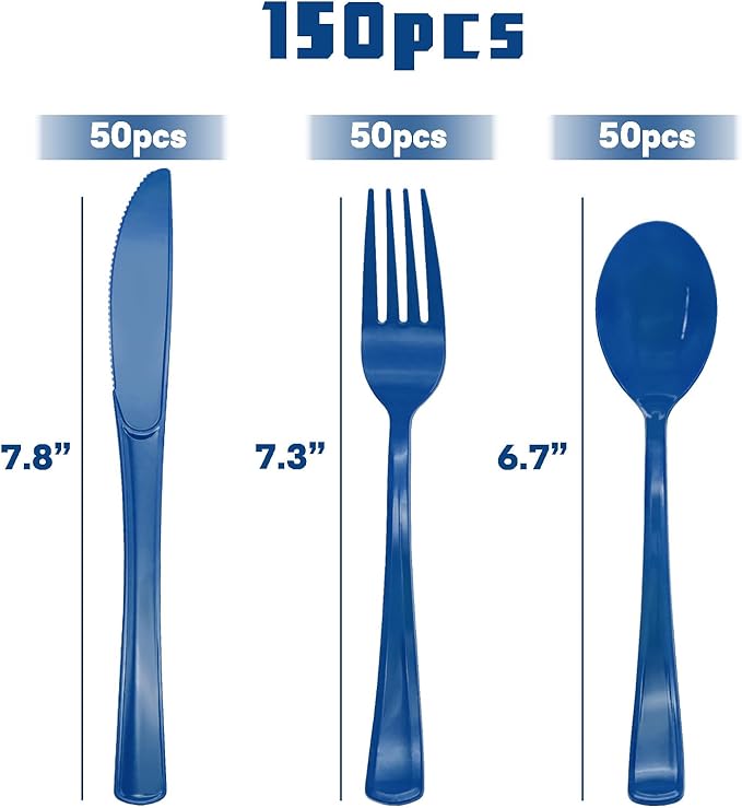 150 Pack Blue Plastic Silverware, Navy Blue Plastic Utensils Heavy Duty, 50 Forks, 50 Knives, 50 for Birthday, Graduation, Baby Shower