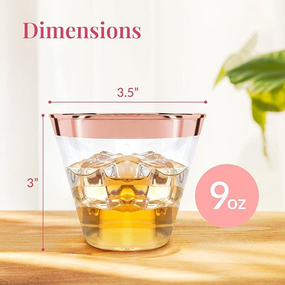 Prestee 100 Rose Gold Plastic Cups - Rose Gold Plastic Cups 9 oz - Party Decorations - Disposable Wine Cup - Clear Cup - Bulk Party Wine Glasses