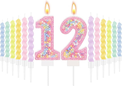 MTLEE Number 12 Birthday Candle with 12 Pcs Spiral Candles for Girls Macaron Pastel Rainbow Unicorn Pink Cake Topper for Sweet Theme Party Decoration