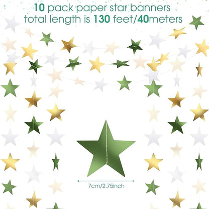 Patelai Glitter Star Garland Banner Christmas Decor 130 Feet Star Hanging Bunting Banner Twinkle Backdrop for Homecoming Classroom Wedding Birthday Halloween Party Supplies(Sage Green, Gold, White)