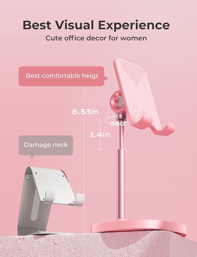 LISEN Pink Gifts Home Girls Room Decor for Desk Accessories, Cute Desk Pink Phone Stand Office Vanity Accessories for Girls Moms Bathroom Essentials Decor for iPhone Kindle Stand 4-10 inch Tablet