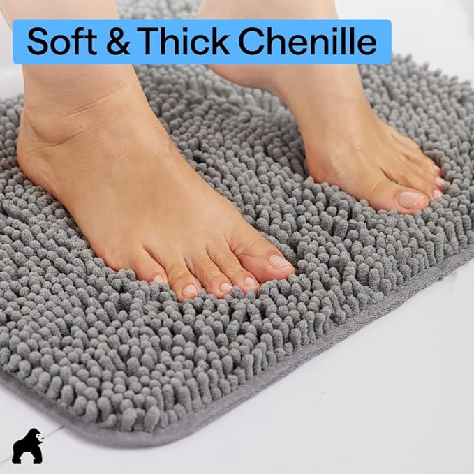 GORILLA GRIP Bathroom Rug Sets, Soft Chenille 2 Piece Area Rugs Set, Toilet Base Mat and 30x20 Carpet, Absorbent Microfiber Washable Mats Dry Quickly, Home Décor and Bath Room Accessories, Grey
