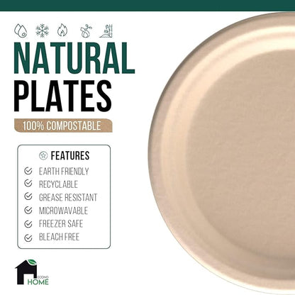 EconoHome 9 Inch Compostable Paper Plates - Eco-Conscious Disposable Plates Made of Bagasse or Sugarcane Fiber - Microwave, Refrigerator-Safe - Heavy Duty Paper Plates for Dinner - Case of 500