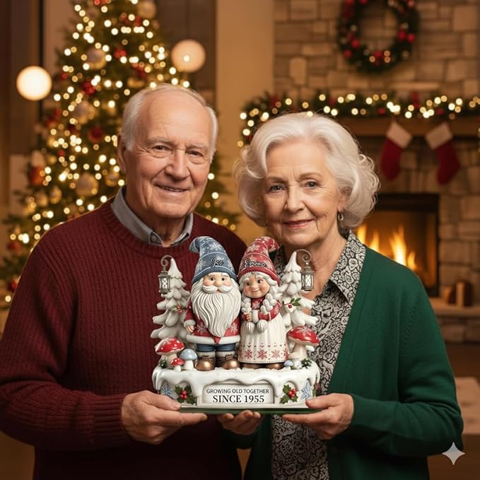 Personalized Gnome Couple Figurine, Growing Old Together Since 1955, Custom Christmas Decoration, Unique Holiday for Couple, Custom Engraved Family Ornament, for Parents and Grandparents
