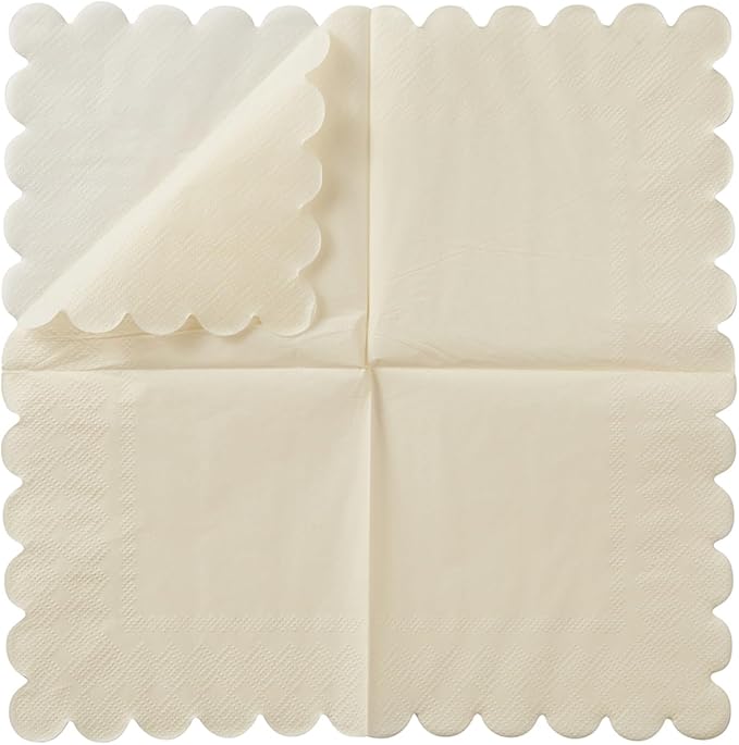 200 Pack Cocktail Napkin 2-Ply Scalloped Edged Dessert Napkins Folded 5 x 5 Inches Disposable Napkins for Dinner Wedding Birthday Party Bridal Anniversary Reception Event (Milky-White)