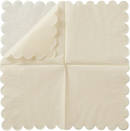 200 Pack Cocktail Napkin 2-Ply Scalloped Edged Dessert Napkins Folded 5 x 5 Inches Disposable Napkins for Dinner Wedding Birthday Party Bridal Anniversary Reception Event (Milky-White)