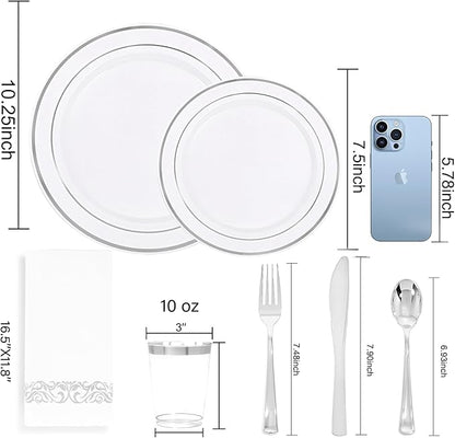 350 Pcs Silver Plastic Plates - Silver Dinnerware Set of 50 Dinner Plates 50 Dessert Plate 50 Silverware 50 Napkins 50 Cups for Christmas Party&Wedding