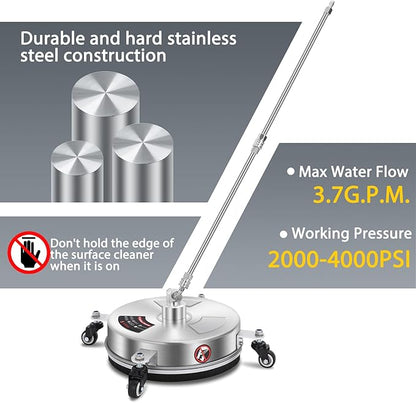 Dalmbox 14" Pressure Washer Surface Cleaner with 4 Wheels, 1/4" Quick Plug, Stainless Steel Housing, 4000 PSI, Pressure Washer Surface Cleaner Attachment for Patio, Courtyard, Concrete, Sidewalks