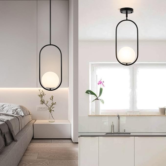 Modern Globe Pendant Light Mid Century Chandelier 1-Light Matte Black Ceiling Hanging Lighting Fixture with White Globe Glass Shade for Kitchen Island Dining Room Bedroom