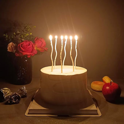 White Spiral Long Thin Birthday Candles for Cake – Metallic Cake Decorations, Happy Birthday Candles with Holders, Long Lasting & Safe (24, White+Gold Spots)