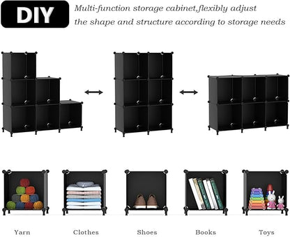 AWTATOS Cube Storage Organizer, Storage Cubes Shelves Bookshelf, 6 Cube Closet Organizers and Storage, DIY Stackable Plastic Clothes Organizer Shelving for Bedroom, Home, Black