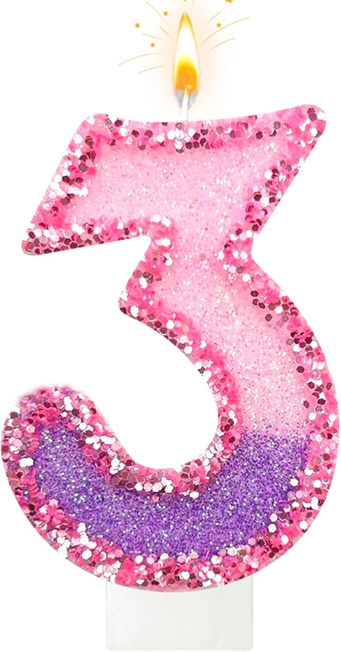 Birthday Number Candles for Cake, Pink Purple Glitter Number Candles for Cake Toppers, Ideal Birthday Parties Cake Decor, Wedding Anniversary and Other Celebrations (3 Candle)