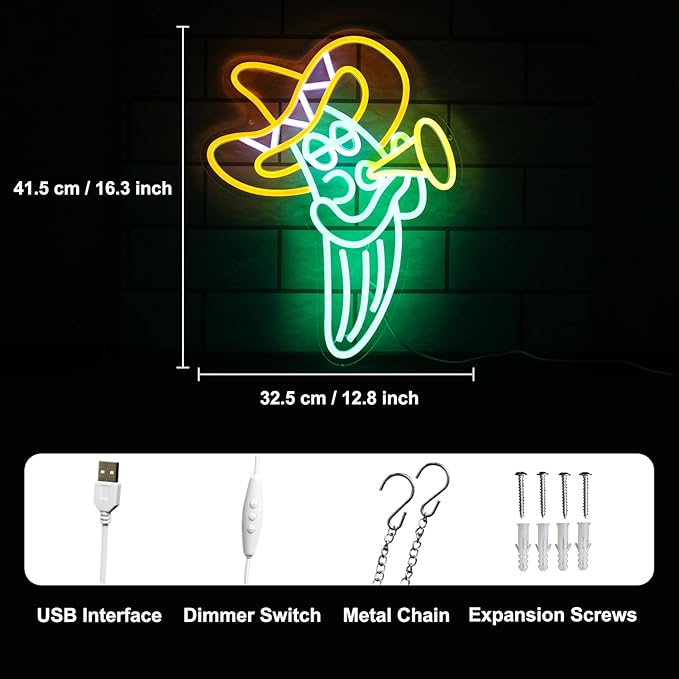 Cactus Sombrero Hat Neon Sign Music Play Trumpet Neon Lights for Fiesta Decor Cinco De Mayo Cactus LED Neon Signs for Wall Bedroom Celebrate Carnival Mexican Party Decor
