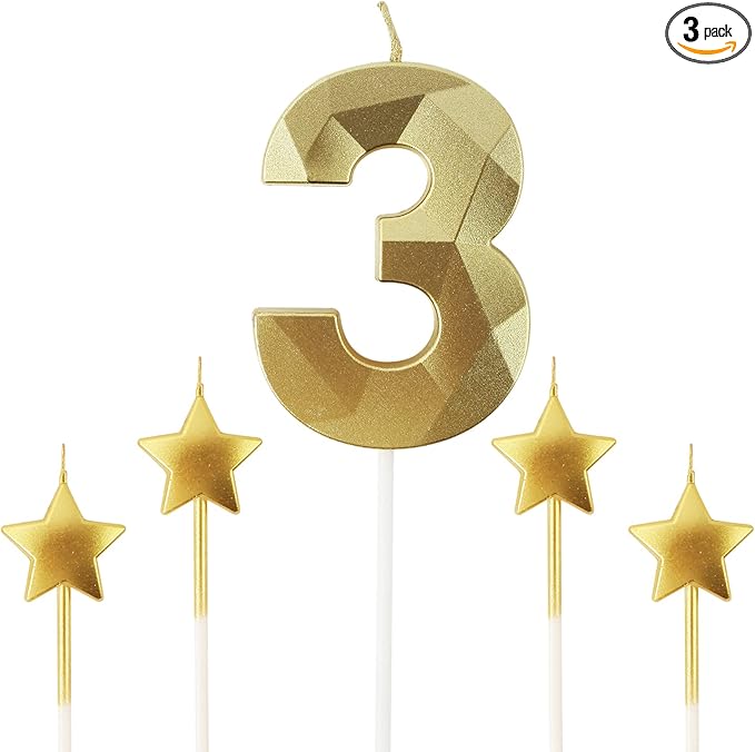 Golden Number 3 Birthday Candles and Star Birthday Candles 2.76 inch Birthday Cake Candles 3D Diamond Shaped Candles are Suitable for Birthday Parties and Anniversary Cake Decorations Candles(Gold 3)