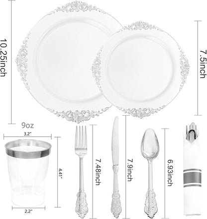 Liacere 350PCS Silver Plastic Plates&Pre Rolled Napkins for 50 Guests - Plastic Dinnerware Sets 100Silver Disposable Plates, 150Silver Silverware, 50Cups and 50Napkins for Wedding
