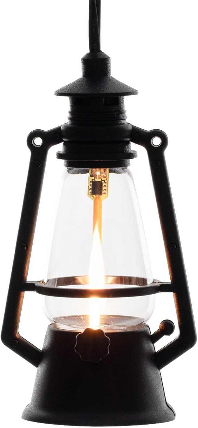 10 Light LED Flicker Flame Plastic Oil Lamp String Set, 20ft Black Wire – Indoor/Outdoor Vintage Flame Effect