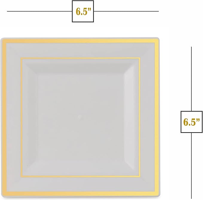 BloominGoods Plastic Disposable Square Dessert Plates | 50-Pack 6.5 inches White with Gold Rim Square Plates | Ideal for Weddings, Parties, Catering | Heavy Duty & Non Toxic