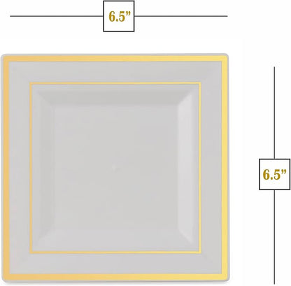 BloominGoods Plastic Disposable Square Dessert Plates | 50-Pack 6.5 inches White with Gold Rim Square Plates | Ideal for Weddings, Parties, Catering | Heavy Duty & Non Toxic