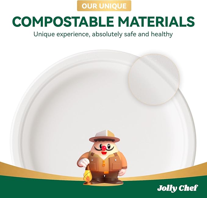 JOLLY CHEF Compostable Heavy Duty Plates 𝟭𝟬 𝗜𝗻𝗰𝗵 [𝟯𝟬𝟬 𝗣𝗮𝗰𝗸] Eco-Friendly Disposable White Paper Plates Made of Bagasse Biodegradable Bulk for Party Dinner Sugarcane Lunch Christmas