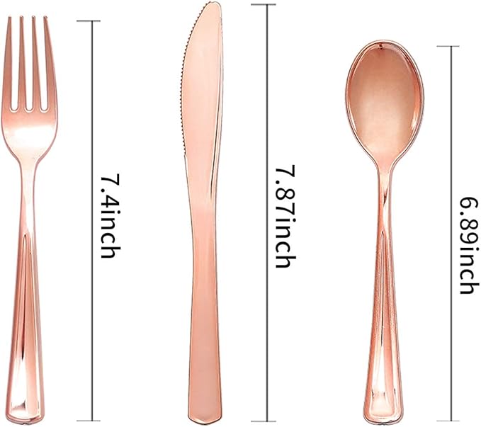 WELLIFE 350 PCS Rose Gold Plastic Plates, Disposable Rose Gold Plates, Includes: 50 Dinner Plate, 50 Dessert Plate, 50 Forks, 50 Knives, 50 Spoons, 50 Cups, 50 Dot Napkins for Weddings and Party