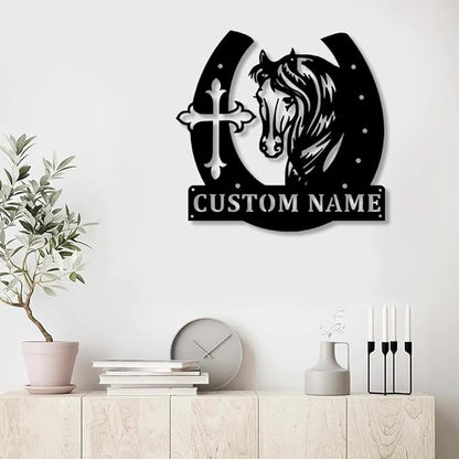 Personalized Name Horse Lamp Custom Wooden/Metal Horse Night Light Horse Wall Art LED Horse Light Farmhouse House Sign Horse Themed Gifts for Girl Birthday Christmas(Cross Horse Sign)