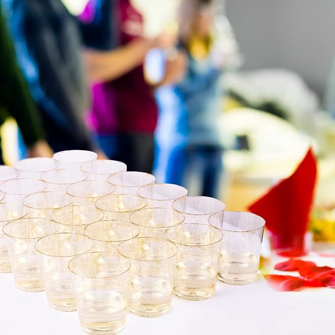 JOLLY CHEF 100 Pack 10 oz Gold Plastic Cups, Disposable Gold Glitter Cups, Clear Plastic Tumblers Perfect for Weddings, Christmas & Parties