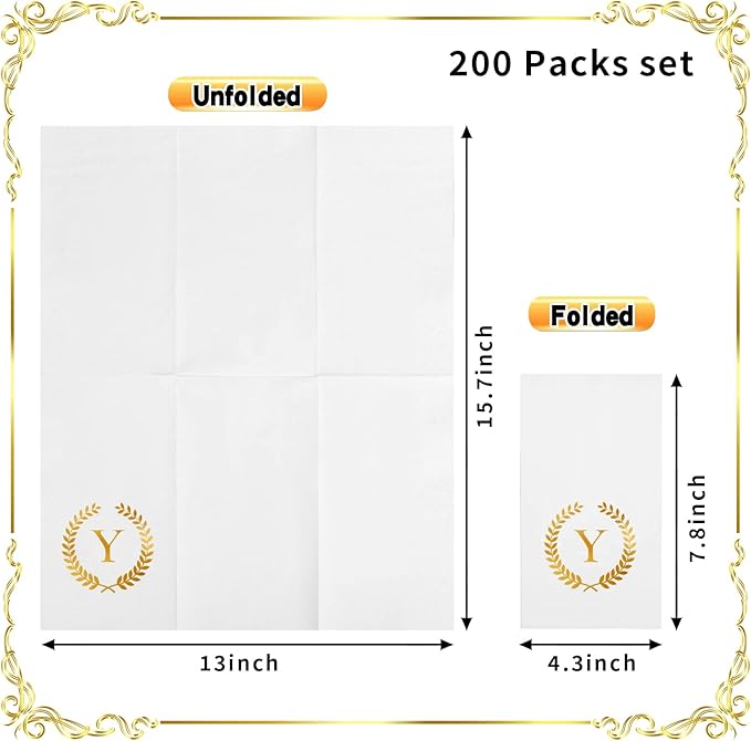 200 Pack Monogrammed Disposable Napkins Gold Foil Letter Y Guest Napkins Initial Disposable Hand Paper Towels for Wedding Engagement Baby Shower Party Home Kitchen Bathroom Dinner Decorative Towels