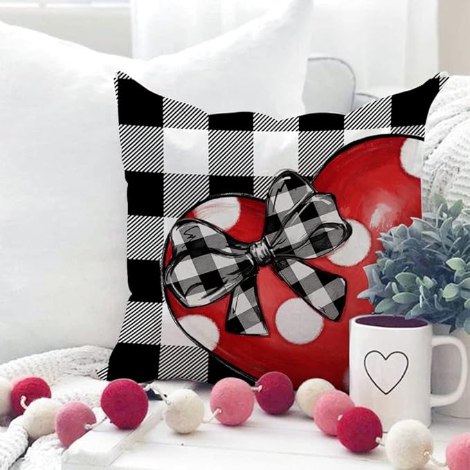 Buffalo Plaid Valentine's Day Pillow Covers 16x16 Set of 4 - Polka Dot Red Heart With Bow Love Truck Decorative Throw Pillows G169-16