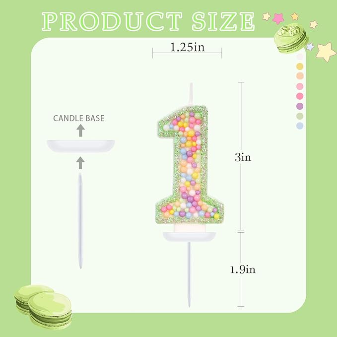Birthday Candles - Number 1 Candle, Colorful Macaron Candles for Boys/Girls, Green Cake Decorations, Dinosaur Themed Party Supplies