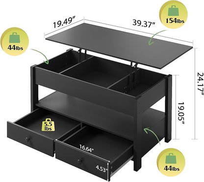 WLIVE Coffee Table, Lift Top Coffee Table with 2 Drawers, Large Hidden Compartment and Open Storage Shelf, Lift Tabletop, Dining Table for Living Room, Black