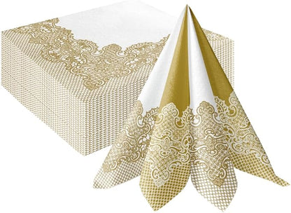 PAW - 50 Pieces Linen-Feel Paper Napkins 16" x 16", Disposable Cloth-Like Napkins with Reverse Gold Lace Design, Dinner Napkins for Party, Wedding, Christmas