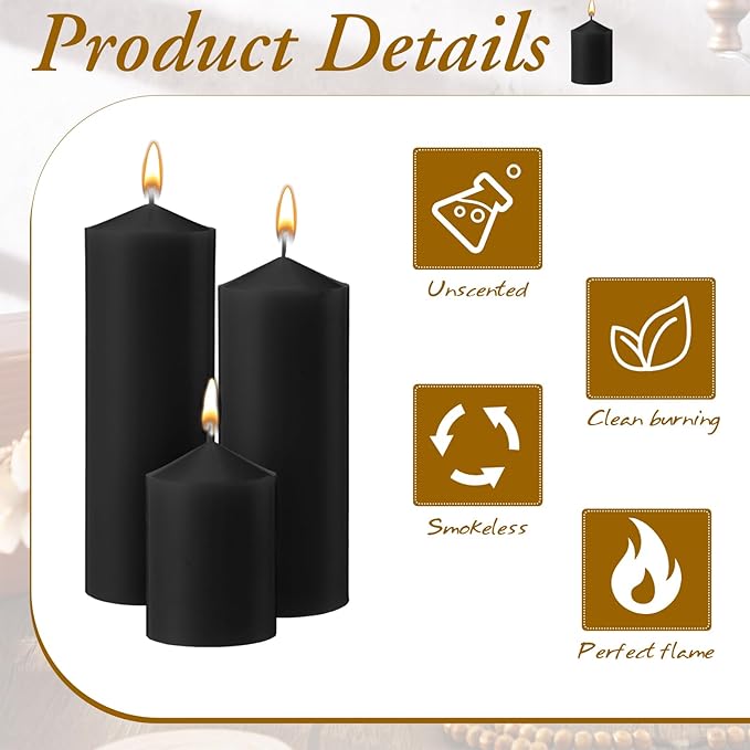 MTLEE 6 Pcs Pillar Candles 3 Set 2 in x 3, 6, 8 Inch Smokeless Dripless Unscented Pillar Candles Long Clean Burning Wax for Wedding Dinner Party Spa Emergency Ceremony Home Decor (Black)