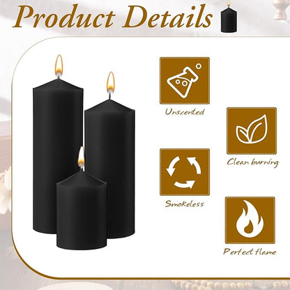 MTLEE 6 Pcs Pillar Candles 3 Set 2 in x 3, 6, 8 Inch Smokeless Dripless Unscented Pillar Candles Long Clean Burning Wax for Wedding Dinner Party Spa Emergency Ceremony Home Decor (Black)