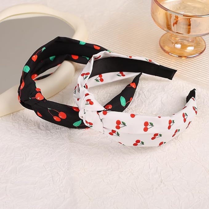 Cherry Print Knotted Headband 2PCS, Black and White Knotted Headbands for Women Non Slip Top Knot Hair Band Cross Knot Headband