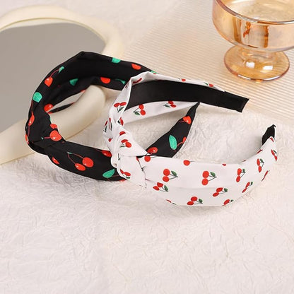 Cherry Print Knotted Headband 2PCS, Black and White Knotted Headbands for Women Non Slip Top Knot Hair Band Cross Knot Headband