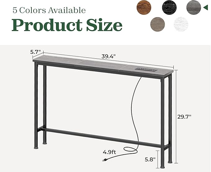 SUPERJARE 5.7 Inch Console Table with Outlet, Sofa Table, Behind Couch Table, 5.7 x 39.4 x 29.7 Inches, Metal Frame, Charging Station, Charcoal Gray