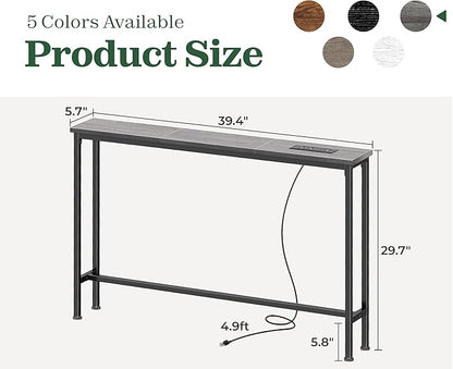 SUPERJARE 5.7 Inch Console Table with Outlet, Sofa Table, Behind Couch Table, 5.7 x 39.4 x 29.7 Inches, Metal Frame, Charging Station, Charcoal Gray