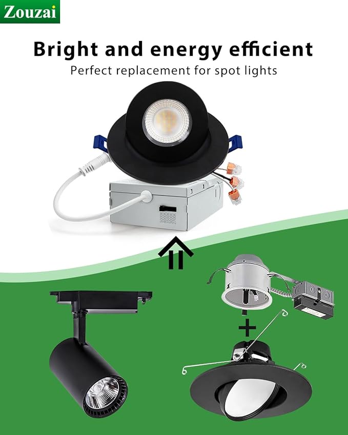 zouzai Classic 4 inch 5CCT Gimbal LED Recessed Light, 360°+90° Adjustable Directional Retrofit Eyeball Can Light with J-Box, Dimmable 2700K/3000K/3500K/4000K/5000K, ETL Certified (Black,6 Pack)