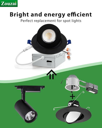 zouzai Classic 4 inch 5CCT Gimbal LED Recessed Light, 360°+90° Adjustable Directional Retrofit Eyeball Can Light with J-Box, Dimmable 2700K/3000K/3500K/4000K/5000K, ETL Certified (Black,6 Pack)
