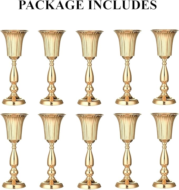 10Pcs Gold Vase Centerpiece Table Decorations - Metal Tabletop Flower Stand, Wedding Decorations for Reception, 15.6in Trumpet Tall Flower Vase for Birthday, Weddings, Anniversary Ceremony, Home Decor