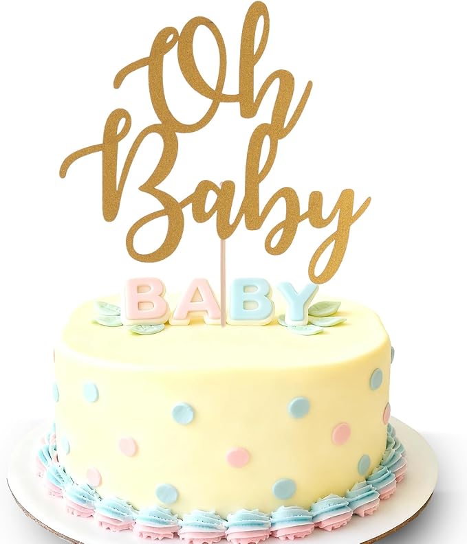 Gold Oh Baby Cake Topper - Golden Glitter Baby Shower Cake Topper, Gender Reveal Celebration Party Cake Decoration (Gold Oh Baby Cake Topper)