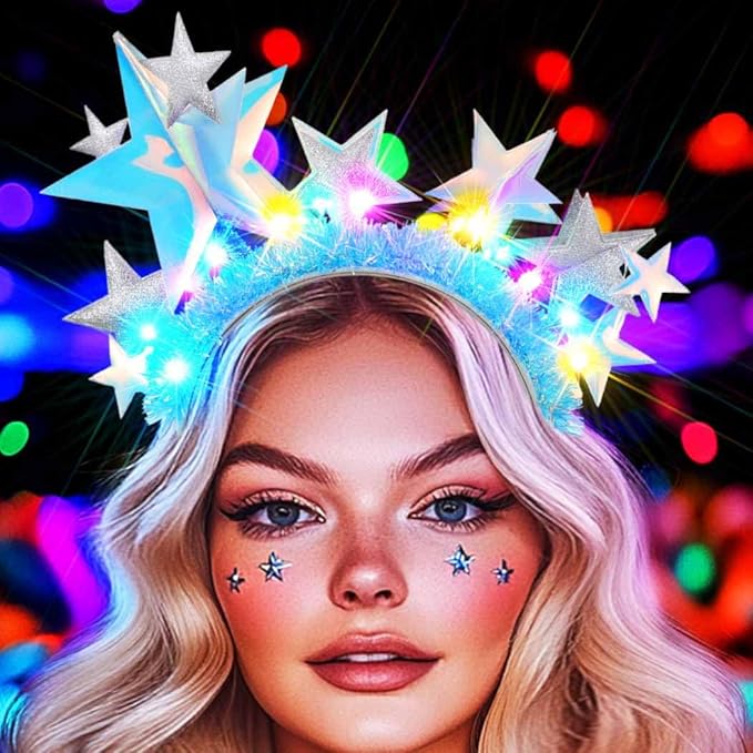 GORTIN Light up Star Headband Silver LED Headpiece Glowing Star Rave Hair Accessories for Women