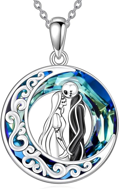 LILALO Christmas Gifts Nightmare Necklace Sterling Silver Abalone Shell Crystal Jack and Sally Necklace Jack Skellington Skull Jewelry Skull Necklaces for Women