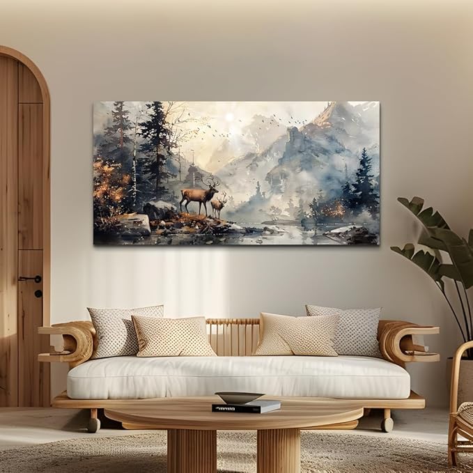 FUHAIHUA Canvas Wall Art For Living Room Large Wall Decor For Office Bedroom Wall Pictures Mountain Forest Landscape Ink Paintings Modern Poster Prints Artwork Room Home Decor Deer Mural 24x48 In
