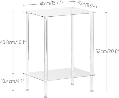 Tempered Glass Side Tables Set of 2 Acrylic End Table with 2 Storage Shelve transparent Bedside simplicity clear 2-Tier Nightstands small Spaces Office Bedroom Living Room Study Transparent ET-008TR
