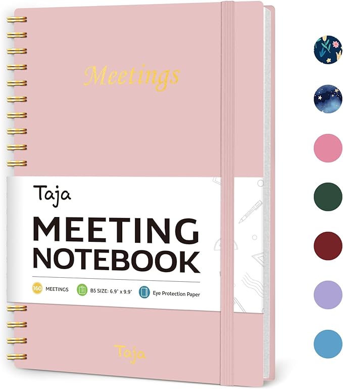 Meeting Notebook for Work Organization - Work Planner Notebook with Action Items, Agenda Planner for Note Taking, 160 Pages (6.9" X 9.9") Project Organizer for Men & Women - Pink