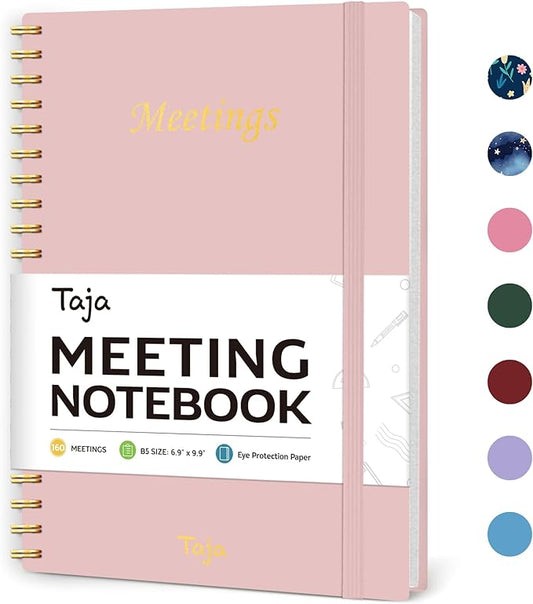 Meeting Notebook for Work Organization - Work Planner Notebook with Action Items, Agenda Planner for Note Taking, 160 Pages (6.9" X 9.9") Project Organizer for Men & Women - Pink