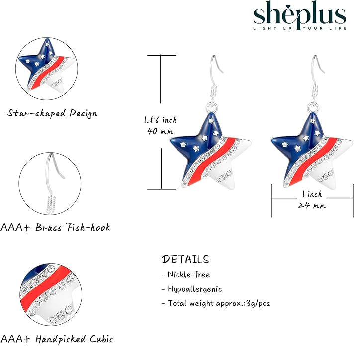 Patriot Day Gift Independence Day USA 4th of july Memorial Day Red White and Blue Dangle Star Earrings for Women
